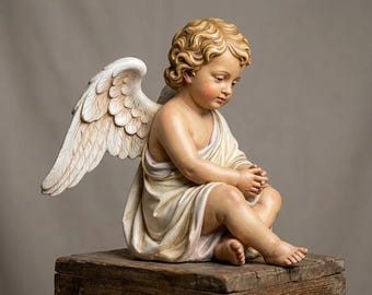 Classical Seated Cherub Angel Figurine Polychrome Religious Sculpture Devotional Decor Collector Display Sacred Art Child Angel Statue