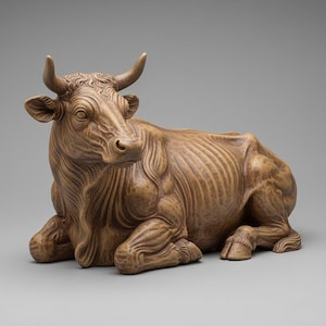 May include: A detailed, brown sculpture of a bull in a resting position. The bull has curved horns, detailed fur texture, and is lying down with its legs tucked beneath its body. The sculpture is set against a neutral gray background.