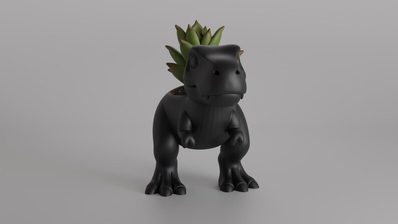 May include: A black dinosaur-shaped planter with a succulent plant. The planter is a stylized Tyrannosaurus Rex with a wide mouth and small arms. The succulent has green leaves and is planted in the dinosaur's head.