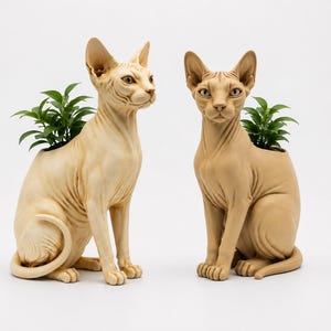 Puede incluir: Dos maceteros con forma de gato Sphynx de color beige hechos de un material liso. Cada figura de gato está en posición sentada con una pequeña planta verde que crece en la parte posterior. Los gatos tienen rasgos faciales detallados, orejas grandes y piel arrugada.