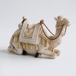 Camel figurine for nativity scene with gold tassels hand-painted details Middle Eastern style kneeling camel decoration