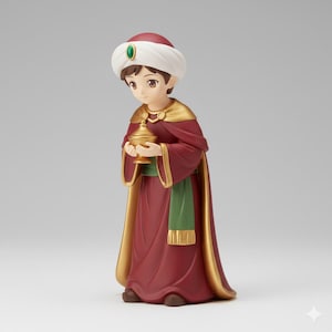 Puede incluir: Una figura de una persona que lleva un turbante blanco con una gema verde, una túnica de color rojo oscuro con adornos dorados y una faja verde. La figura sostiene un pequeño recipiente dorado con ambas manos, con cabello castaño y expresión neutra.