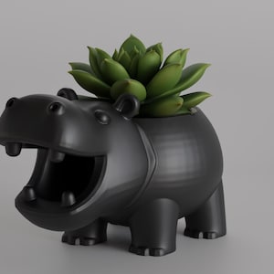 May include: A black hippo-shaped planter with a wide open mouth, holding a green succulent plant. The planter is made of a smooth material and has four short legs. The succulent has multiple green leaves.