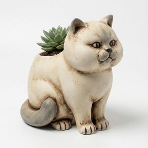 Puede incluir: Una maceta con forma de gato de color crema con una planta suculenta. La maceta de cerámica tiene un diseño detallado, con detalles grises en las orejas y la cola. El gato está sentado, con las patas y la cola visibles. La suculenta es verde.