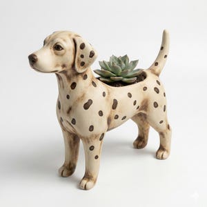 Puede incluir: Una maceta de cerámica con forma de perro dálmata con manchas marrones y una planta suculenta. La maceta con forma de perro es de color blanquecino con manchas marrones y tiene la parte trasera ahuecada para la planta. La suculenta es verde y está en tierra.