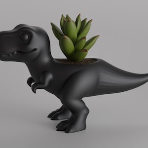 Puede incluir: Una maceta negra con forma de dinosaurio con una planta suculenta verde. La maceta es un Tyrannosaurus Rex estilizado con una expresión sonriente. La planta está plantada en tierra dentro de la espalda del dinosaurio.