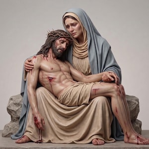 Könnte beinhalten: Eine Skulptur, die eine sitzende Figur mit hellblauem Kopftuch und beigem Gewand zeigt, die eine liegende Figur mit langem braunem Haar, einer Dornenkrone und sichtbaren roten Wunden an Brust, Armen, Beinen und Füßen hält, alles auf einem Steinsockel.