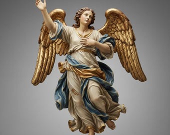 May include: A detailed sculpture of an angel with outstretched arm and golden wings. The angel wears a flowing white robe with blue and gold accents. The wings are intricately detailed and painted gold.