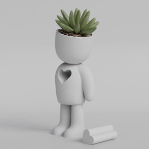 Puede incluir: Maceta de cerámica blanca con forma de persona con un corazón recortado en el pecho. La maceta tiene una planta suculenta verde creciendo dentro. La maceta está de pie sobre una superficie blanca con un objeto blanco en forma de corazón delante de ella.