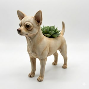 Puede incluir: Una maceta en forma de chihuahua de color canela con una planta suculenta verde que crece en su espalda. La maceta para perros tiene detalles y se apoya sobre cuatro patas. La suculenta es de un color verde vibrante.