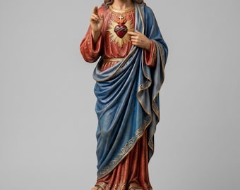 Italian Baroque Sacred Heart of Jesus Figurine Polychrome Devotional Catholic Sculpture Collector Religious Statue Church Home Decor