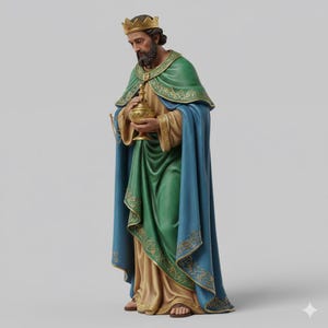 Puede incluir: Una figura de pie de un rey barbudo con corona dorada, capa verde con ribete de filigrana dorada, túnica azul y prenda interior color canela. La figura sostiene un recipiente dorado con una cadena en ambas manos y lleva sandalias marrones.