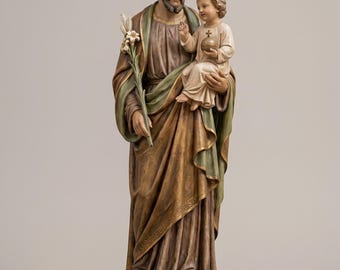 Saint Joseph with Child Jesus Religious Figurine Polychrome Catholic Sculpture Lily Staff Devotional Statue Hand Painted Collector Decor