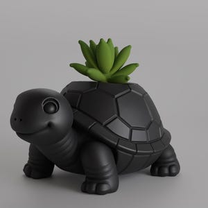 Puede incluir: Una maceta negra con forma de tortuga con una planta suculenta verde. La maceta tiene una cara sonriente y un diseño geométrico en el caparazón. La suculenta es de color verde vibrante, contrastando con el acabado negro mate de la maceta.