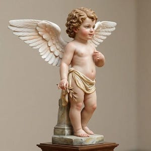 Puede incluir: Una escultura detallada de un querubín con alas emplumadas, de pie sobre un pedestal. El querubín tiene cabello rizado, una tela drapeada y sostiene una ramita. La estatua está hecha de un material de color claro.