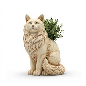 May include: A cream-coloured cat-shaped planter with a detailed, textured design. The cat is seated, with a green plant sprouting from its back. The planter is made of a durable material and is suitable for indoor or outdoor use.