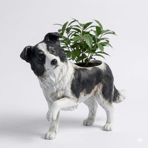Puede incluir: Maceta de cerámica con forma de perro Border Collie, con marcas en blanco y negro. El perro está representado con una pata levantada, y una planta verde crece de una maceta en su espalda. Artículo decorativo para el hogar o el jardín.