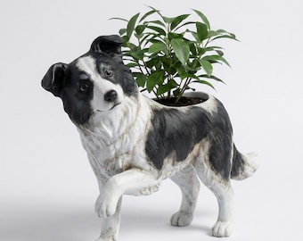 Border Collie Dog Planter Figurine Indoor Decorative Flower Pot Hand Painted Style Modern Pet Lover Home Decor Gift