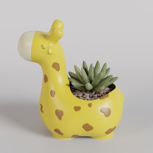May include: A yellow giraffe-shaped planter with brown spots, holding a small succulent plant. The giraffe has a white face and closed eyes, suggesting a peaceful design. The planter is filled with small pebbles.