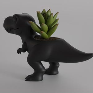 May include: A black Tyrannosaurus Rex planter with a succulent plant. The dinosaur-shaped planter is made of a matte black material. The succulent has green leaves and is planted in soil inside the dinosaur's back.