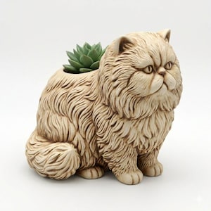May include: A beige ceramic planter shaped like a Persian cat, with a green succulent plant in the head. The cat has detailed fur and a grumpy expression. The planter is a decorative item for home or garden.