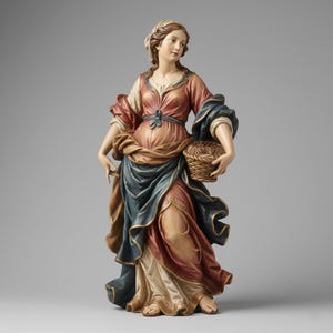 Puede incluir: Estatua de madera tallada de una mujer con túnicas fluidas, sosteniendo una cesta. La estatua presenta una paleta de colores rojo, azul y beige. El cabello de la mujer está cubierto con un pañuelo blanco. Es un objeto decorativo.