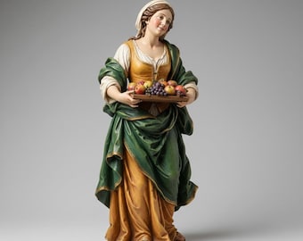 Italian Baroque Village Woman Figurine Carrying Fruit Tray Standing Draped Garments Religious Nativity Scene Collector Sculpture Decor