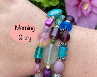 Pulsera de cuentas, pulsera elástica, pulsera elástica para mujer, pulsera apilable, pulsera bohemia, pulsera de capas, pulsera azul y morada