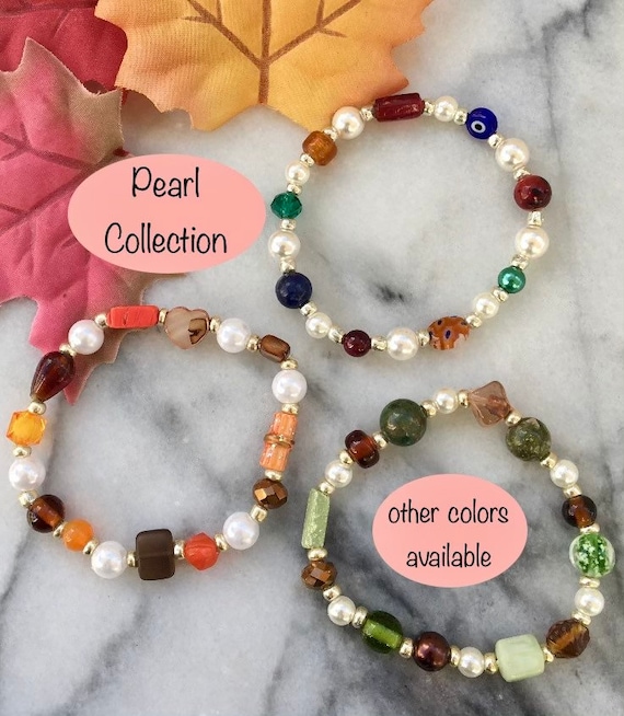 Pearl bracelets, fall bracelets, autumn bracelets, autumn jewelry, pearl jewelry, stretchy bracelet, stacking bracelets