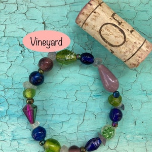 Stretchy Bead Bracelet, Mixed Glass Beaded Bracelet, Green, Purple, Royal Blue