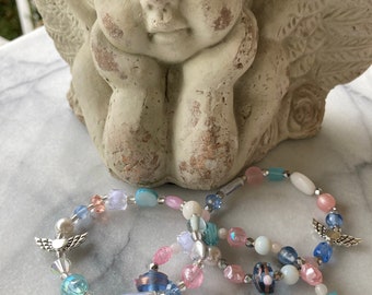 Memorial bracelet, beaded bracelet, stretchy bracelet, pastel bracelet, angel wing bracelet, angel bracelet