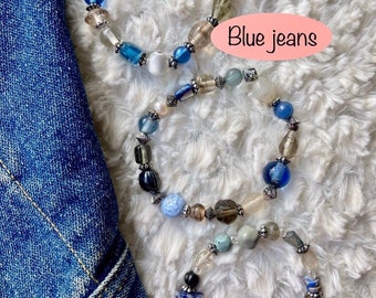 Beaded Bracelet, Stretchy Bracelet, Women’s Elastic Bracelet, Stacking Bracelet, Boho Bracelet, Layering Bracelet, Blue and Gray Bracelet