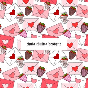 Liebesbriefe Schokolade Erdbeeren JPEG-Datei, Valentinstag nahtlos, Herzen nahtlos, Digitales Papier, Stoffdesign, kommerzielle Nutzung