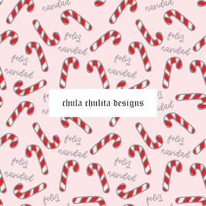 May include: A pink background with a repeating pattern of candy canes and the text "Feliz Navidad" in white. The candy canes are red and white with gray outlines.