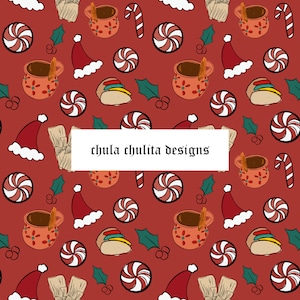 May include: A seamless pattern featuring a variety of festive Mexican Christmas elements, including red and white candy canes, red and white peppermint candies, red and white Santa hats, green holly leaves, brown tamales, and red mugs filled with hot chocolate. The pattern is set against a red background and includes the text "chula chulita designs".