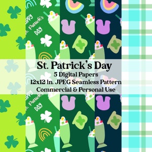 St. Patricks Day Digital Paper Pack, Shamrock Seamless Pattern, Green Plaid Seamless Pattern, Digital Paper, Commercial Use