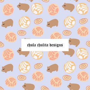 May include: A seamless pattern featuring a light blue background with brown cartoon animals, pink and white pastry-like shapes, and red swirls. The text "chula chulita designs" is centered in the middle of the pattern.