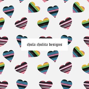 May include: A seamless pattern featuring colorful hearts with a striped design. The hearts are arranged in a repeating pattern on a light gray background. The text "chula chulita designs" is centered in the image.