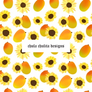 May include: A seamless pattern featuring yellow mangoes and yellow sunflowers on a white background. The text "chula chulita designs" is centered in the middle of the image.