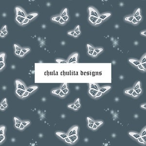 May include: A seamless pattern featuring white butterflies on a dark blue background with white stars. The text "chula chulita designs" is centered in the image.