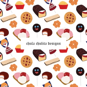 May include: A seamless pattern featuring various Mexican sweets and treats, including a chocolate bar with strawberry filling, a pastry with a lattice crust, a cupcake with red frosting, a lollipop with a smiley face, and a wafer cookie. The text "chula chulita designs" is displayed in the center of the pattern.