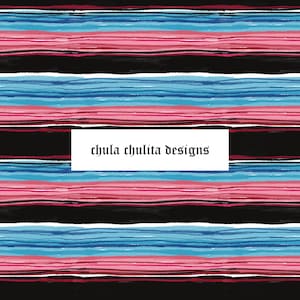 May include: A colorful pattern with horizontal stripes in black, pink, and blue. The design includes the text "chula chulita designs" in a white rectangular box, creating a vibrant and artistic aesthetic.