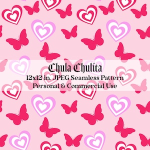 Y2K Hearts and Butterflies Seamless Pattern, Y2K Seamless Pattern, Hot Pink Seamless Pattern, Digital Paper, Commercial Use