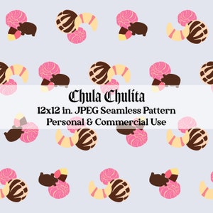 Könnte beinhalten: Ein nahtloses Muster mit rosa, braunen und gelben Gebäck auf hellblauem Hintergrund. Der Text "Chula Chulita 12x12 in. JPEG Seamless Pattern Personal & Commercial Use" ist in Schwarz dargestellt.