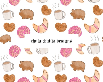 Plik JPEG Pan Dulce Seamless, Cafecito y Chisme, Wzór powtarzania Concha, Projekt kawy, Scrapbooking, Projekt tkaniny Latino, Użytek komercyjny