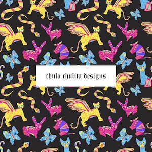 May include: A seamless pattern featuring colorful winged cats, rabbits, butterflies, and snakes on a black background. The text "chula chulita designs" is centered in the pattern.