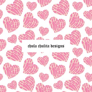 May include: A seamless pattern featuring pink hearts with a textured design. The hearts are arranged in a repeating pattern on a white background. The text "chula chulita designs" is centered at the bottom of the image.