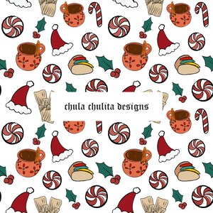 May include: A seamless pattern featuring a variety of festive Christmas and Mexican holiday elements, including red and white candy canes, red and white peppermint candies, red and white Santa hats, green holly leaves, brown tamales, and red mugs of hot chocolate. The text "chula chulita designs" is centered in the middle of the pattern.