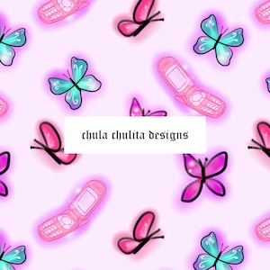 May include: A seamless pattern featuring pink and blue butterflies and pink flip phones with glowing outlines on a light pink background. The text "chula chulita designs" is in the center of the pattern.