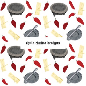 May include: A seamless pattern featuring a variety of Mexican-inspired elements, including red chili peppers, yellow corn husks, and gray molcajete bowls. The text "chula chulita designs" is centered at the bottom of the pattern.